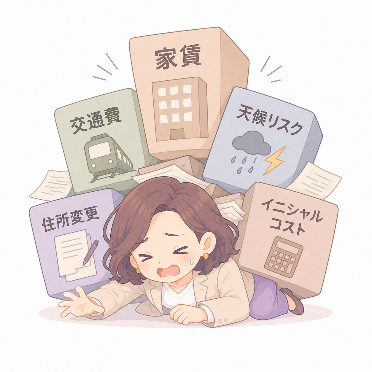 家賃、交通費、天候リスク、住所変更、イニシャルコストに悩む事業者のイラスト